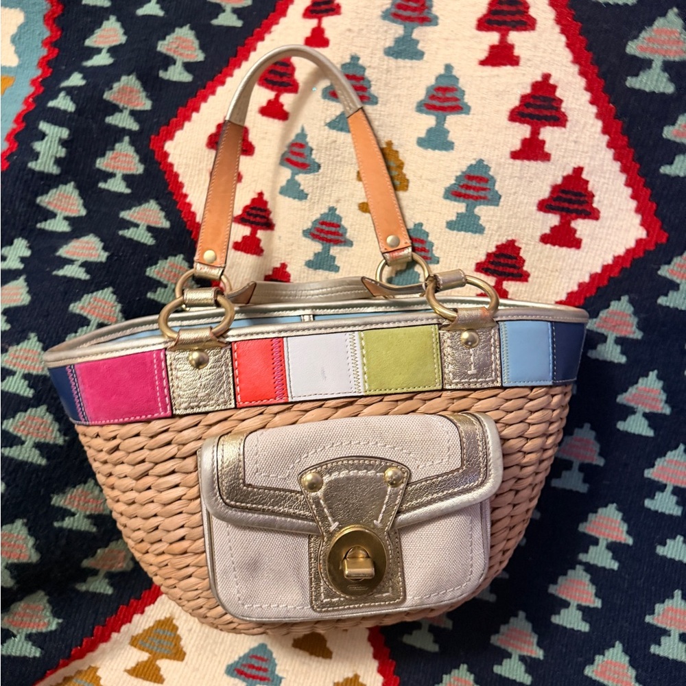 Coach Limited Edition Legacy Stripe straw tote bag